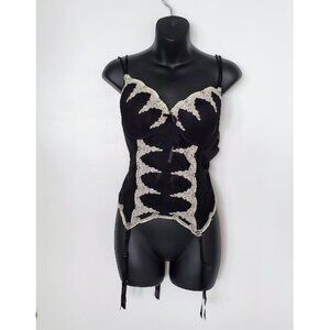 Delicates Black Mesh Ivory Lace Teddy Corset Panty Set w Garter Straps Size XL
